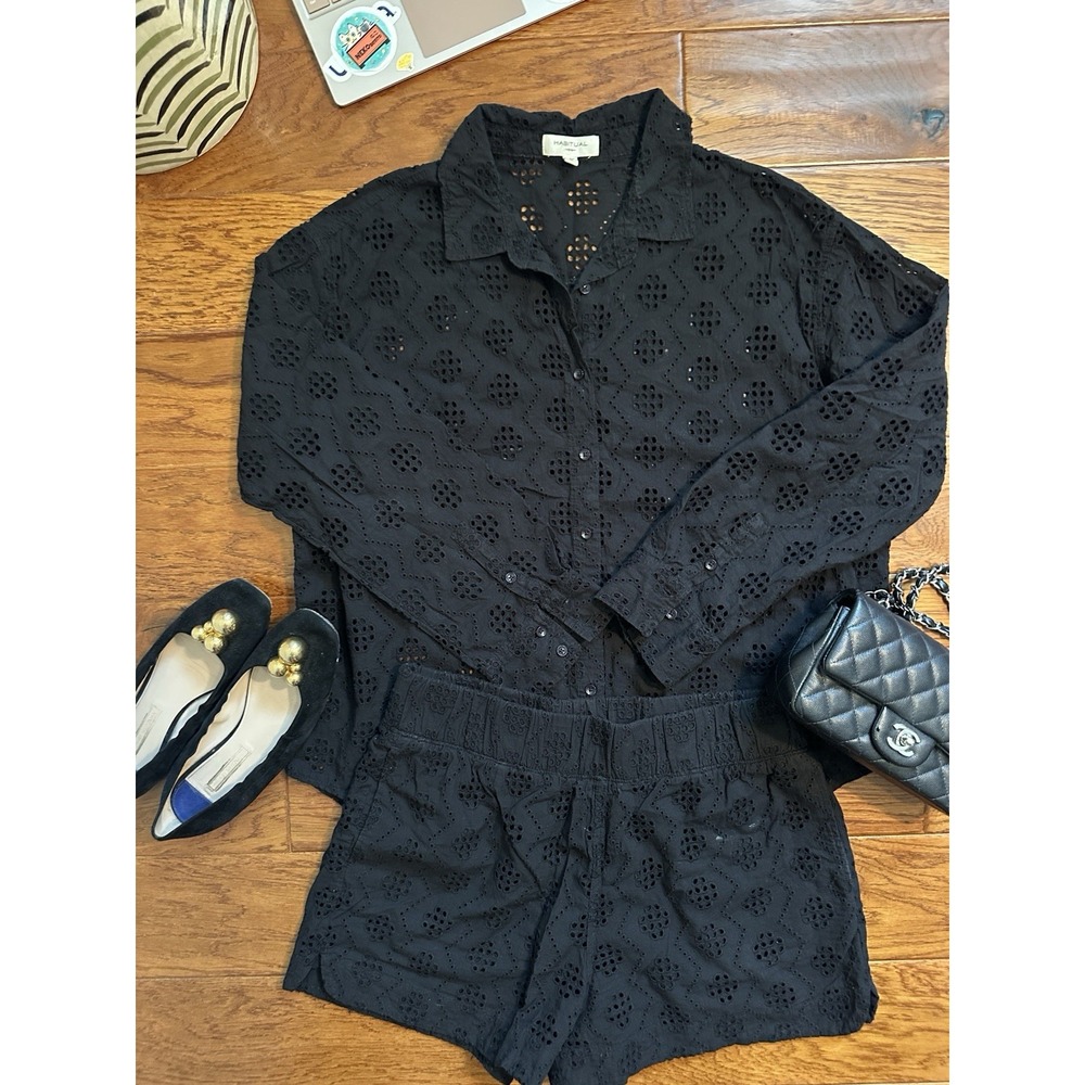 HABITUAL Black Cotton Eyelet 2 Piece Set Shirt Shorts Womens M HNV01930T